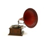 A horn gramophone, with inlaid mahogany case and tin horn