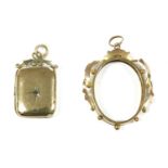 A 9ct gold picture frame, 2.21g, and a front and back rectangular locket, stone deficient