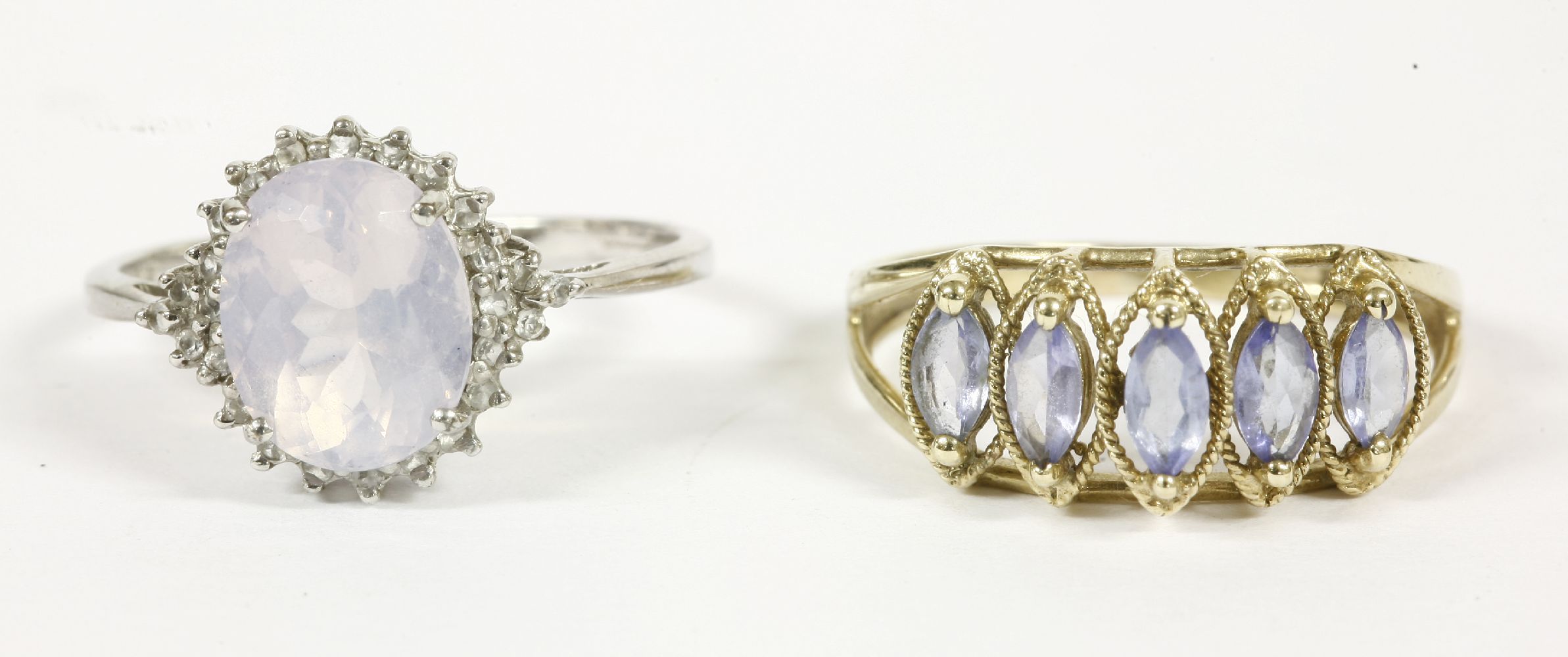 A 9ct white gold milky quartz and white stone cluster ring, and a gold five stone marquise cut - Image 2 of 2