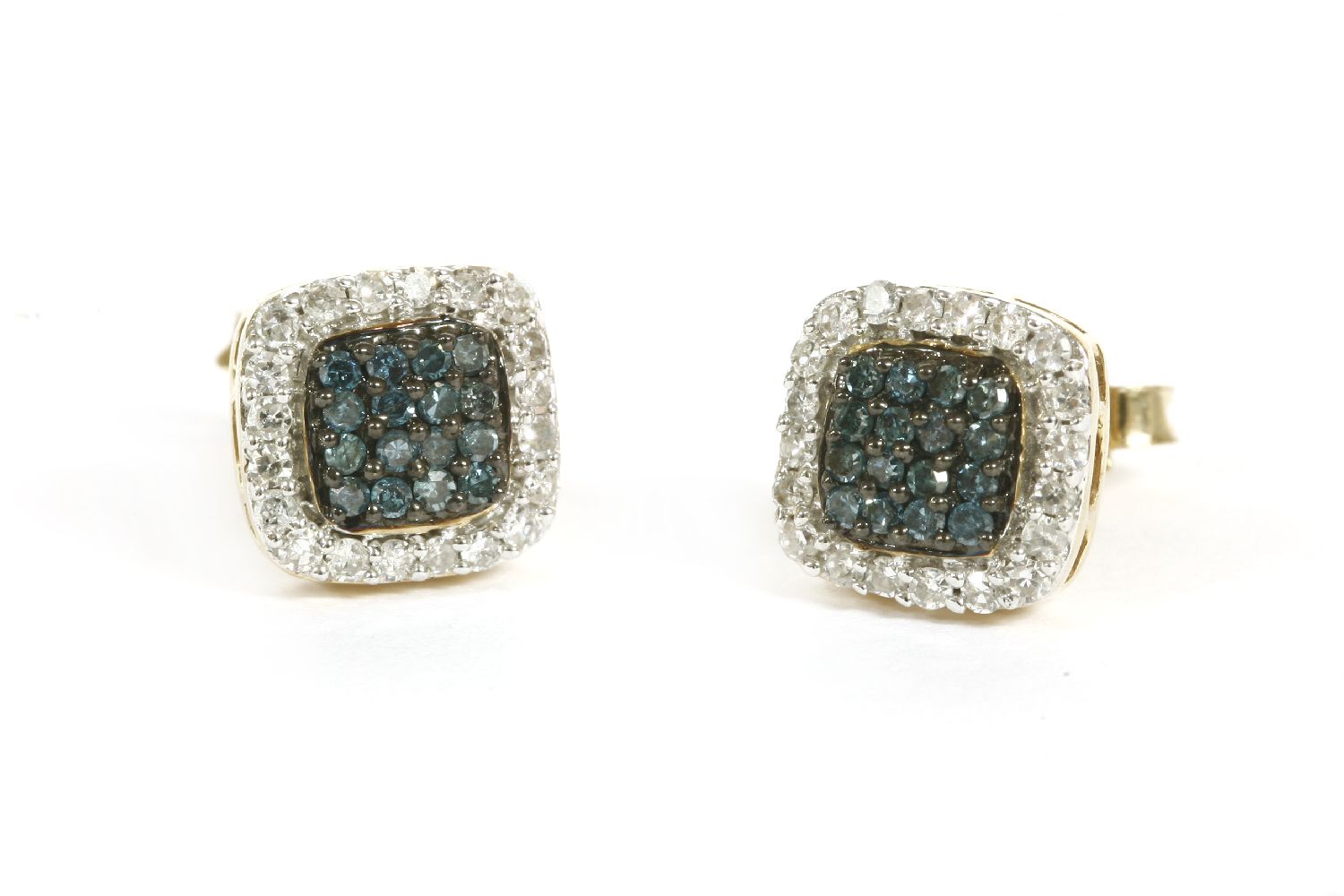 A pair of gold radiated blue diamonds and diamond cushion shaped cluster earrings, marked 375, 1. - Image 2 of 2