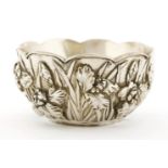 A Japanese silver bowl,c.1900, of circular form with lobed rim in two layers, decorated with