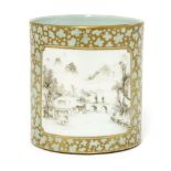 A Chinese porcelain brush pot,painted with landscapes in shaped panels against a filigree ground