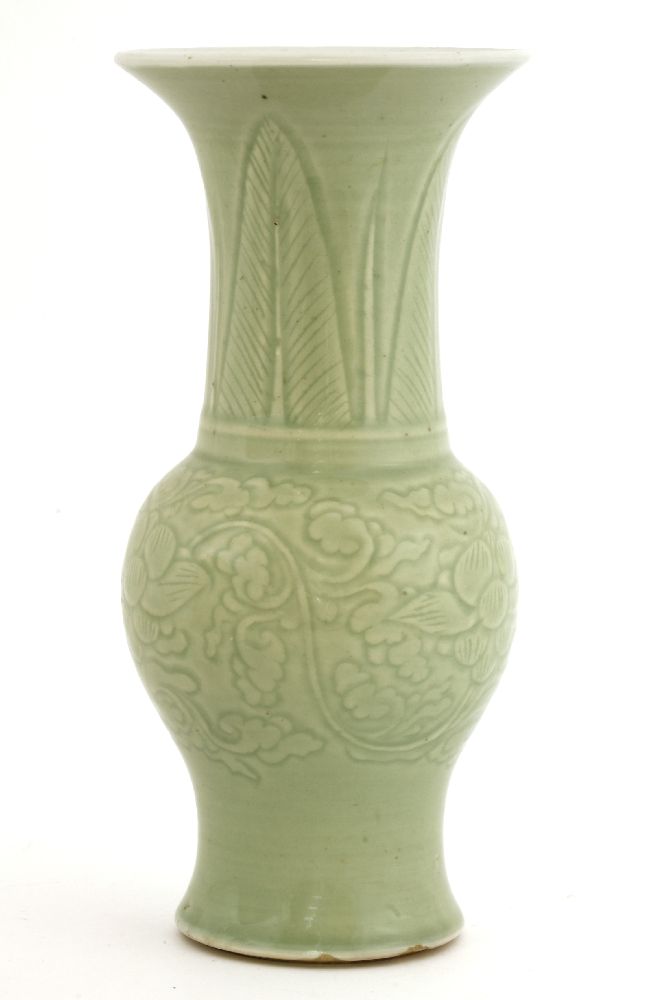 A Chinese celadon vase,Kangxi (1662-1722), of baluster shape with a flared mouth, incised with - Image 2 of 2