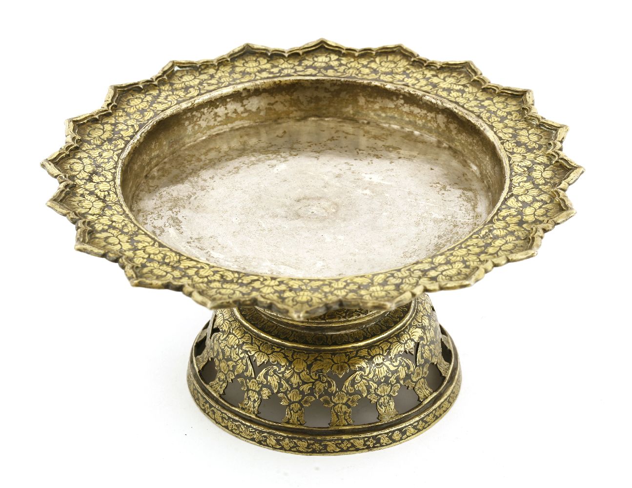 A Thai silver niello gilt plate,19th century, of lobed form engraved with peony, on a pierced - Image 2 of 2