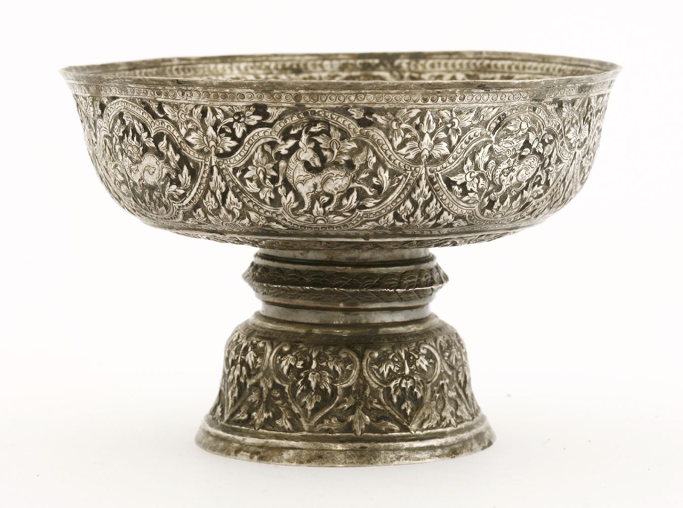 A Vietnamese silver stem bowl,19th century, of circular shape on a pedestal circular foot, decorated - Image 2 of 3