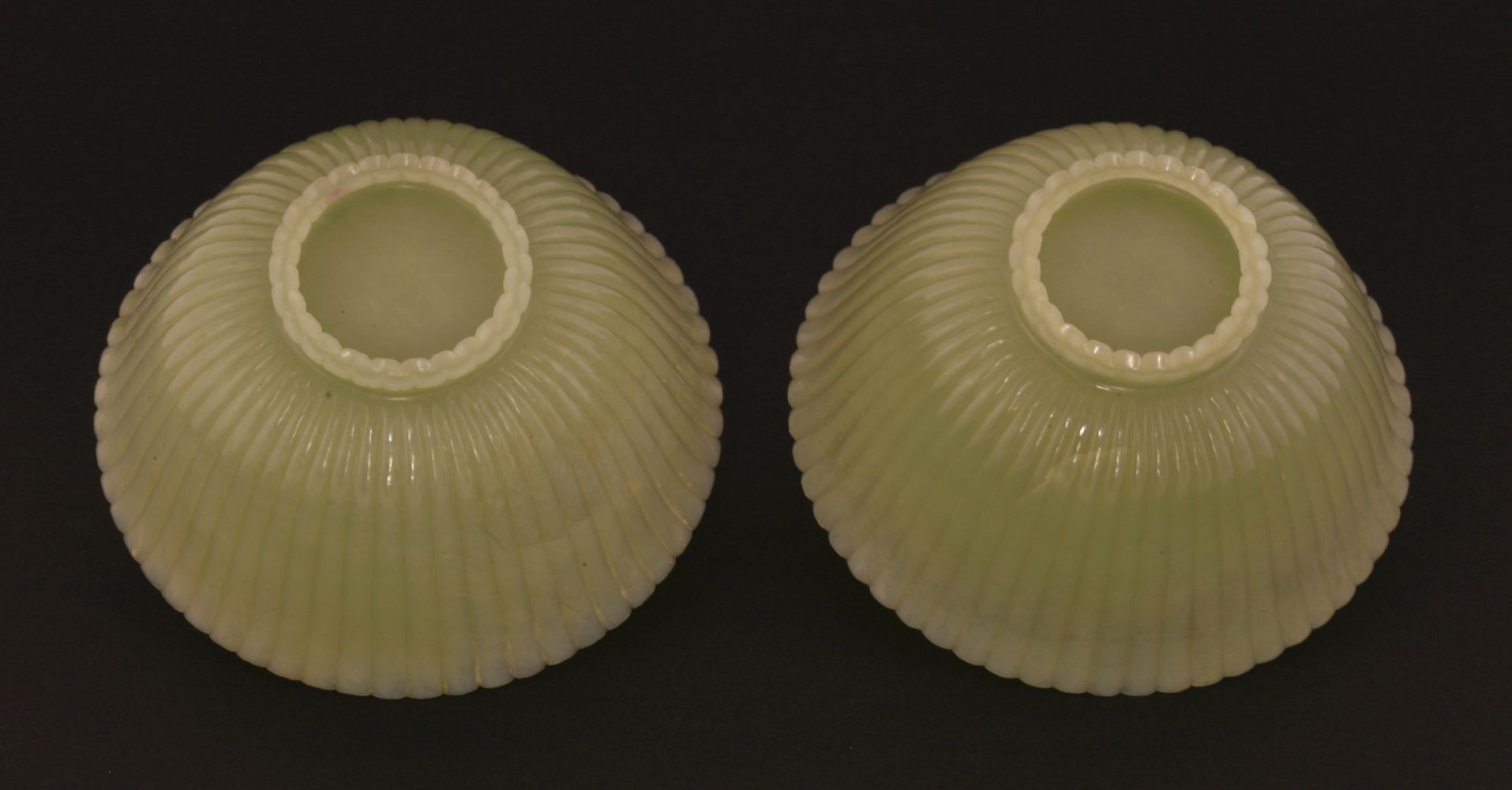 A pair of Chinese pale celadon jade chrysanthemum 'Lindsay' bowls, Jiaqing (1796-1820), each with - Image 12 of 14