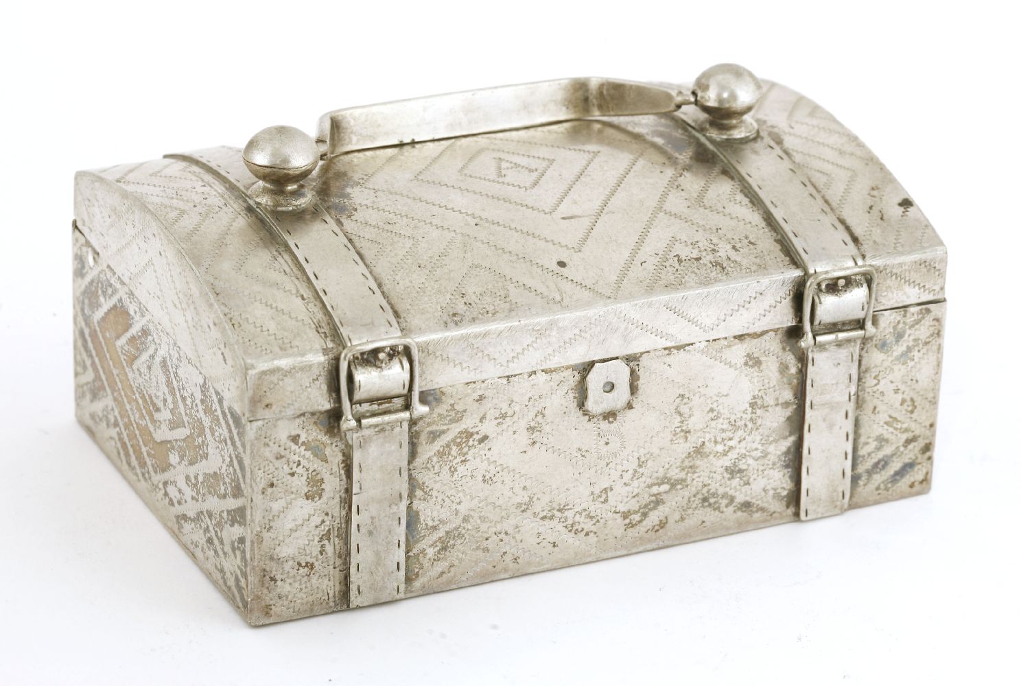 A Thai silver casket,c.1900, engraved with symmetrical lines, each side individually monogrammed '