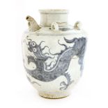 A Vietnamese blue and white ewer,19th century, painted with a dragon amongst clouds with four