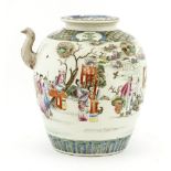 A Chinese famille rose ewer and cover,early 20th century, painted with figures in a garden by a