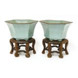 A pair of Chinese planters,20th century, each of hexagonal shape on bracket feet, covered in duck-