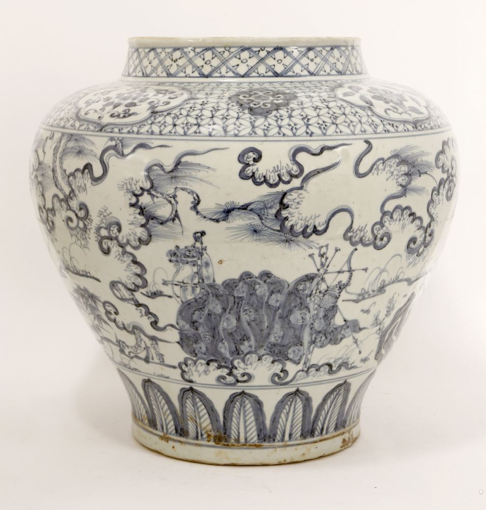 A Chinese blue and white jar,painted with figures listening to music in a garden, between a diapered - Image 3 of 4