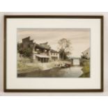 A Chinese watercolour painting, by Lou Zhongguo, with a water village in green,37.5 x 52.5cm, and
