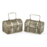 Two Thai silver caskets,c.1900, each engraved with Buddhist lions and magpies amongst scrolling