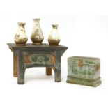 Two Chinese models of furniture,Ming dynasty (1368-1644), comprising:a Chinese green-glazed desk,