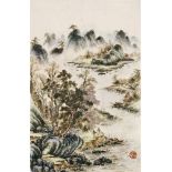 A Chinese famille rose porcelain plaque,20th century, painted with a literatus standing by a river