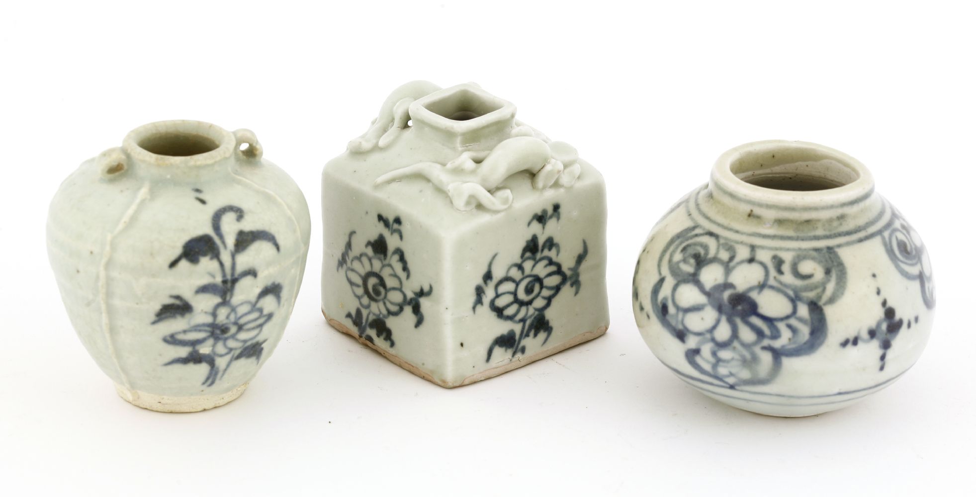A group of three Chinese blue and white jarlets, Yuan dynasty (1279-1368), one of square form with