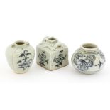 A group of three Chinese blue and white jarlets, Yuan dynasty (1279-1368), one of square form with