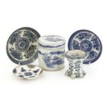 A collection of Chinese blue and white ceramics, 19th century or later, comprising: a box and