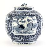 A Chinese blue and white pot and cover, Qing dynasty (1644-1911), painted with figures or flowers