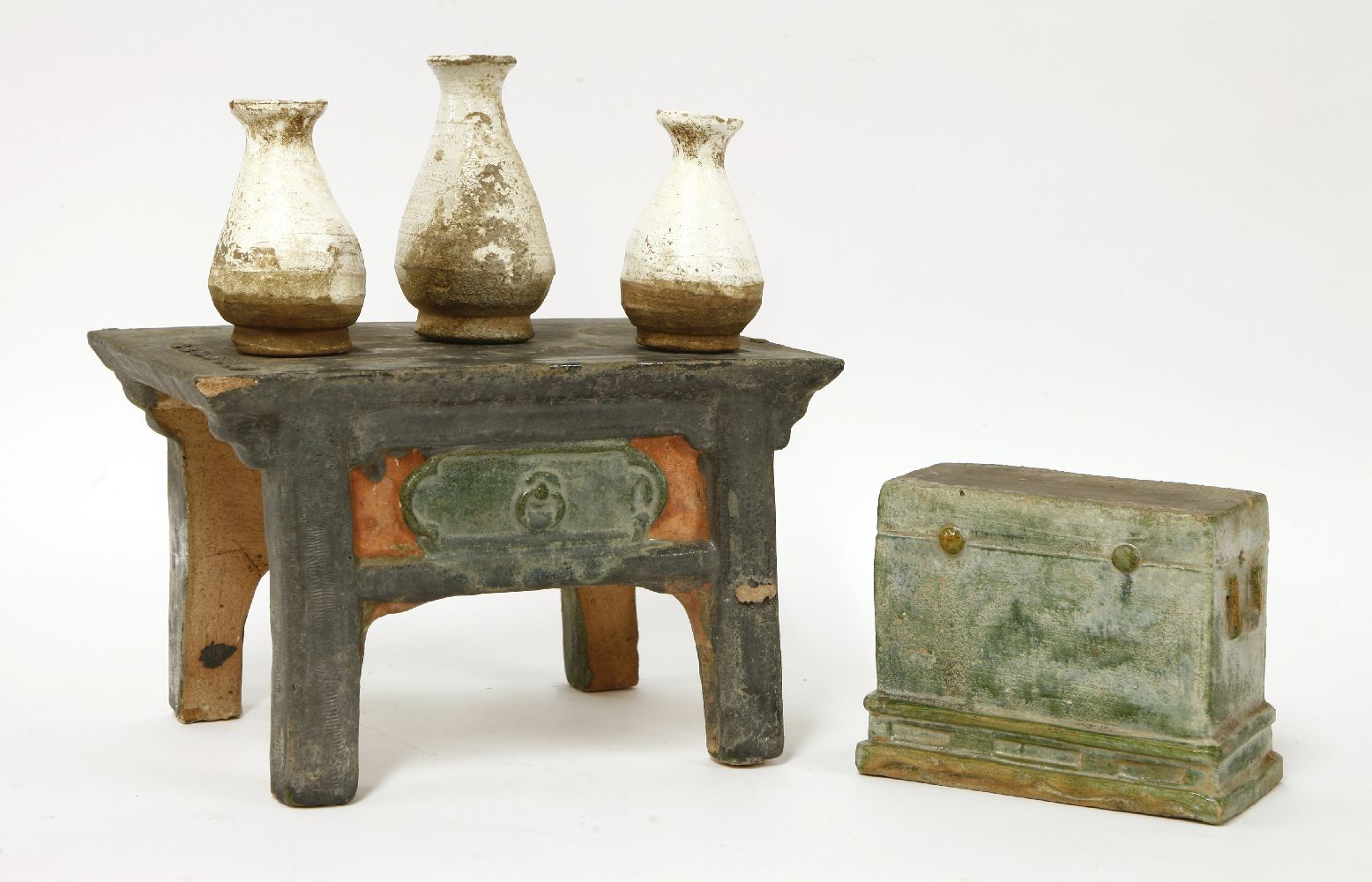 Two Chinese models of furniture,Ming dynasty (1368-1644), comprising:a Chinese green-glazed desk, - Image 2 of 2