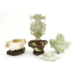 A collection of Chinese jade and hardstone carvings, 20th century, comprising: an incense burner