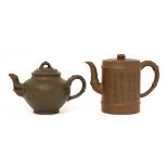 Two Chinese Yixing zisha teapots, one with a globular body with applied prunus, four character