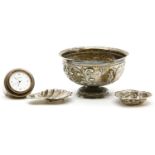 Alfred Lewis silver bowl, together with an R.J. Carr silver desk clock and two small silver dishes