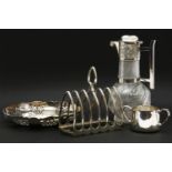 Silver plated items to include: an oval tray, claret jug by Hukin and Heath, baskets, candelabra,
