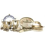 Silver plate, including an oval glass biscuit barrel with greyhound finial, small silver items,