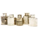 Five various silver tea cannisters, to include one of half gadrooned cylindrical form marks for