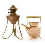 A W A S Benson copper and brass oil lamp,raised on a scrolled stand,28cm high, anda kettle,by Benham