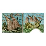 A William De Morgan 'Galleon' tile,impressed Sands End Pottery mark,15.2 x 15cm, andanother '