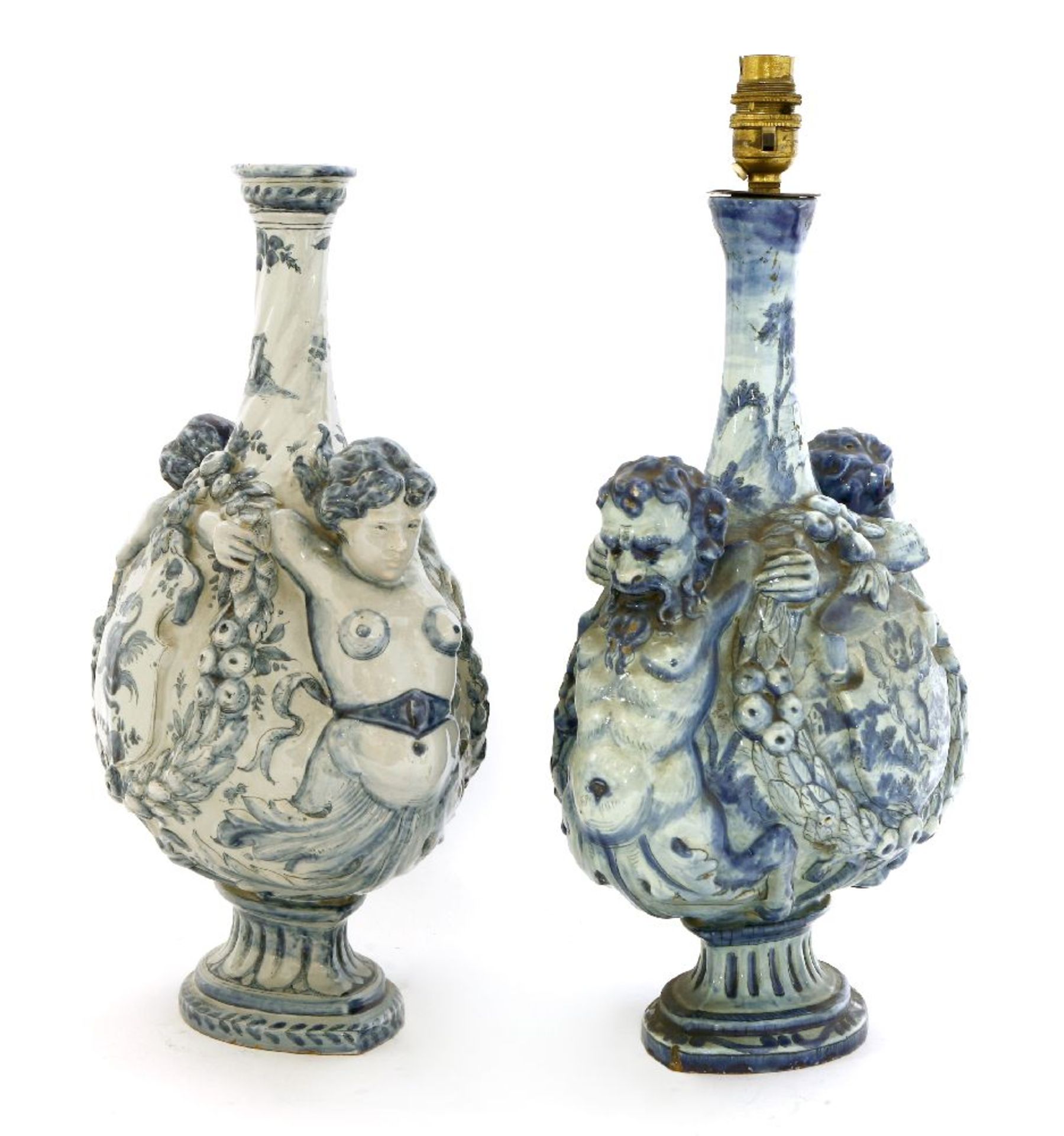 Two Cantagalli maiolica blue and white bottle vases,each of shaped form, one spiral moulded with - Image 2 of 3
