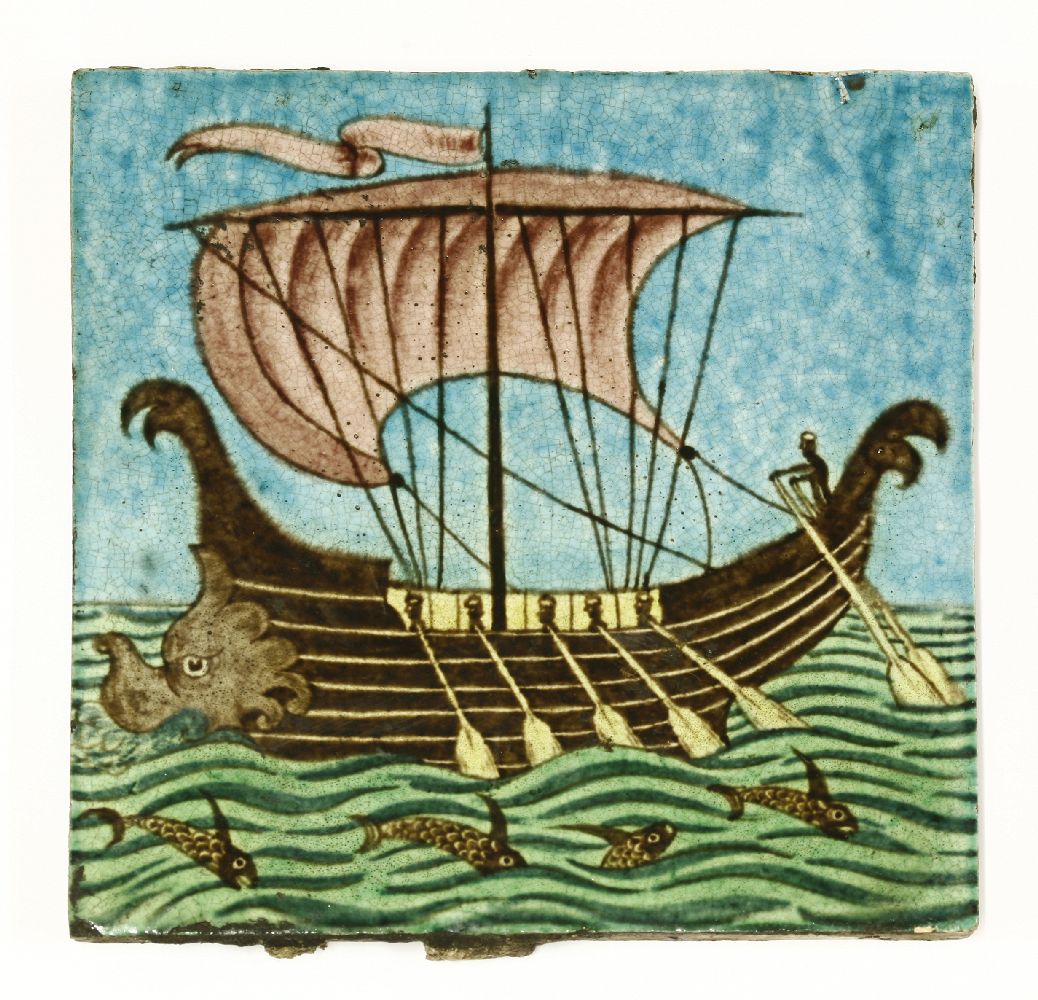 A William De Morgan 'Galleon' tile,impressed 'Sands End Pottery' mark,15.2cm square (6in )