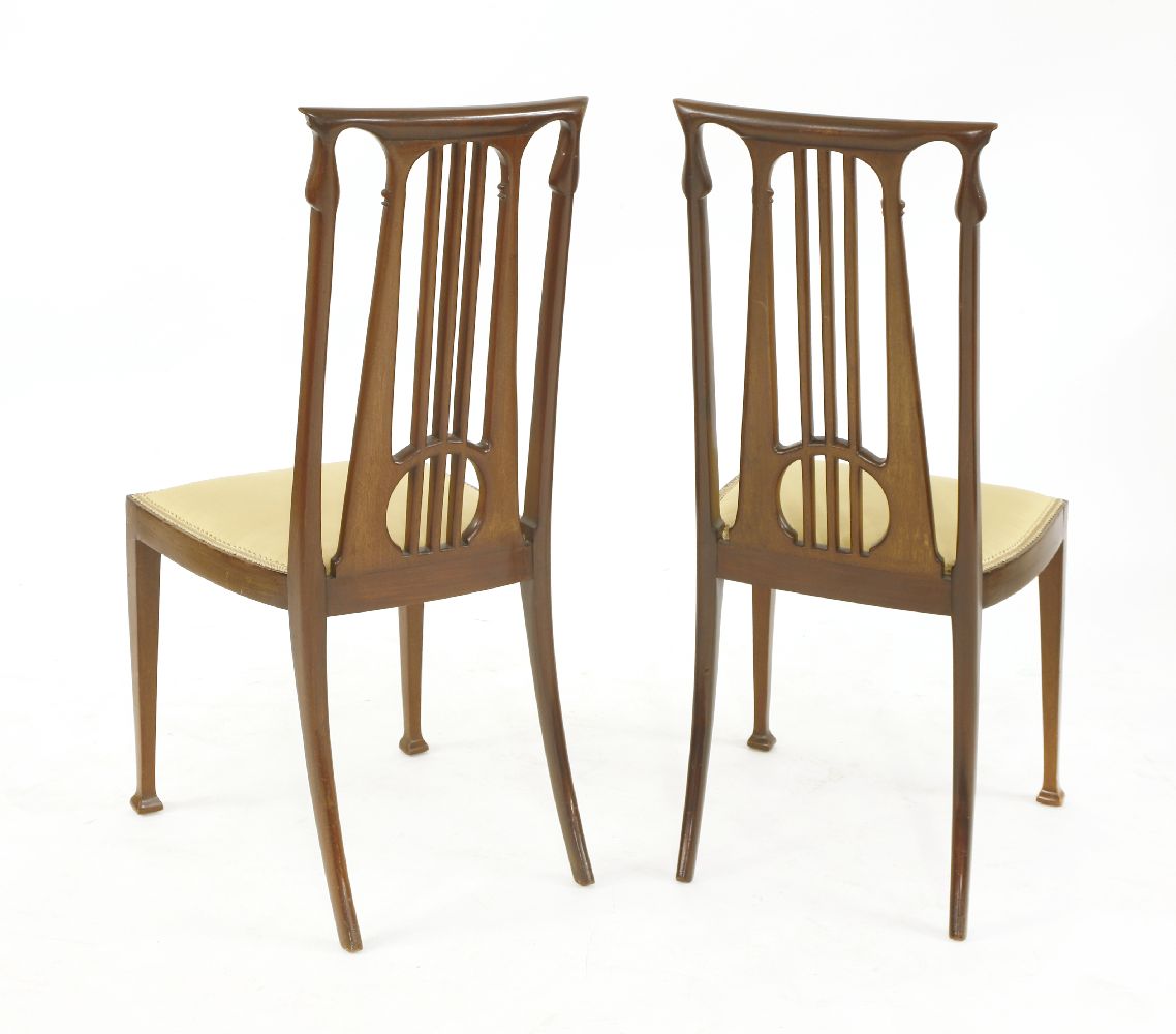 A pair of Art Nouveau mahogany inlaid hall chairs, each with pieced lyre backs and an overstuffed - Image 2 of 2