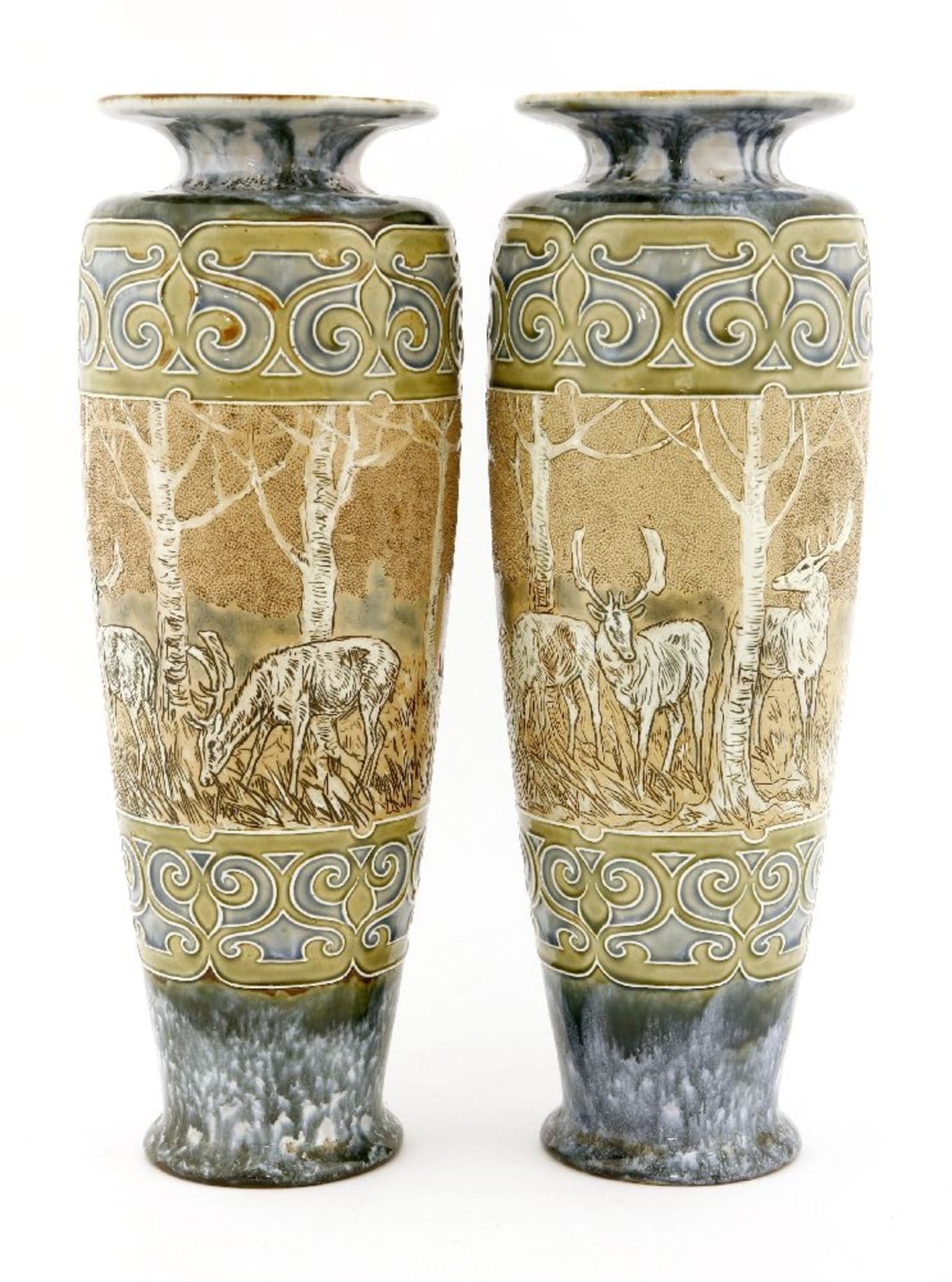 A pair of Royal Doulton stoneware vases,by Hannah Barlow, each incised with a band of deer, - Image 2 of 3
