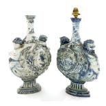 Two Cantagalli maiolica blue and white bottle vases,each of shaped form, one spiral moulded with