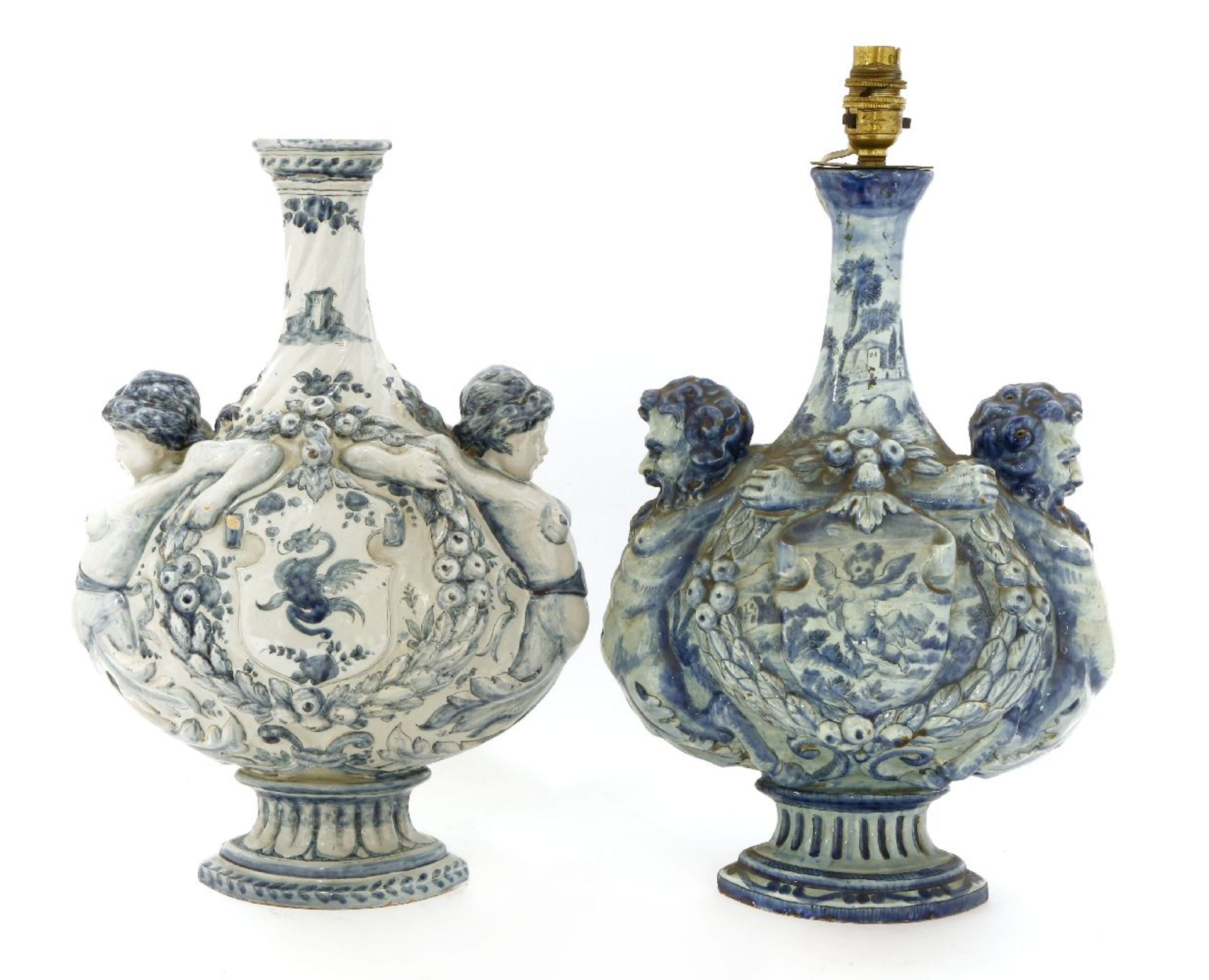 Two Cantagalli maiolica blue and white bottle vases,each of shaped form, one spiral moulded with - Image 3 of 3