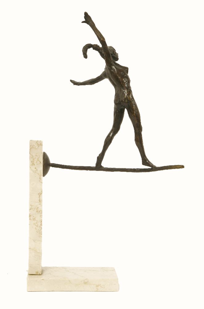 A contemporary bronze and marble sculpture,modelled as a girl balancing on a tight rope, mounted - Image 3 of 3