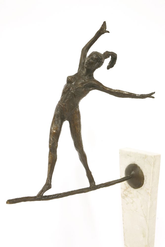 A contemporary bronze and marble sculpture,modelled as a girl balancing on a tight rope, mounted - Image 2 of 3