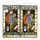 Two 'Hotspur Antiques' stained glass window panels, each depicting a gentleman admiring a helmet and