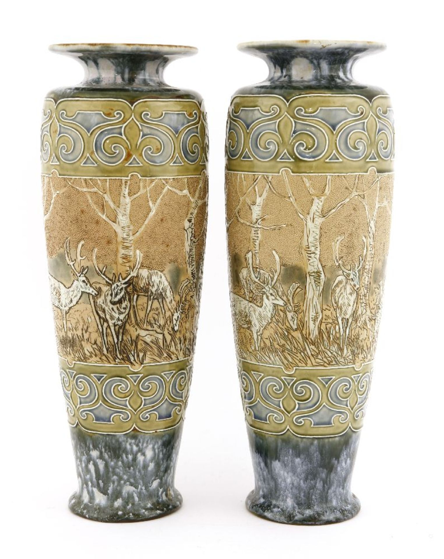 A pair of Royal Doulton stoneware vases,by Hannah Barlow, each incised with a band of deer,