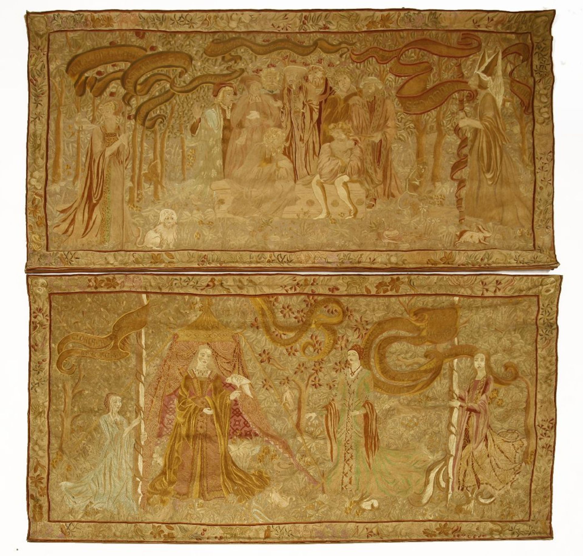 Two woven tapestries, early 20th century, depicting figures in medieval dress with inscribed