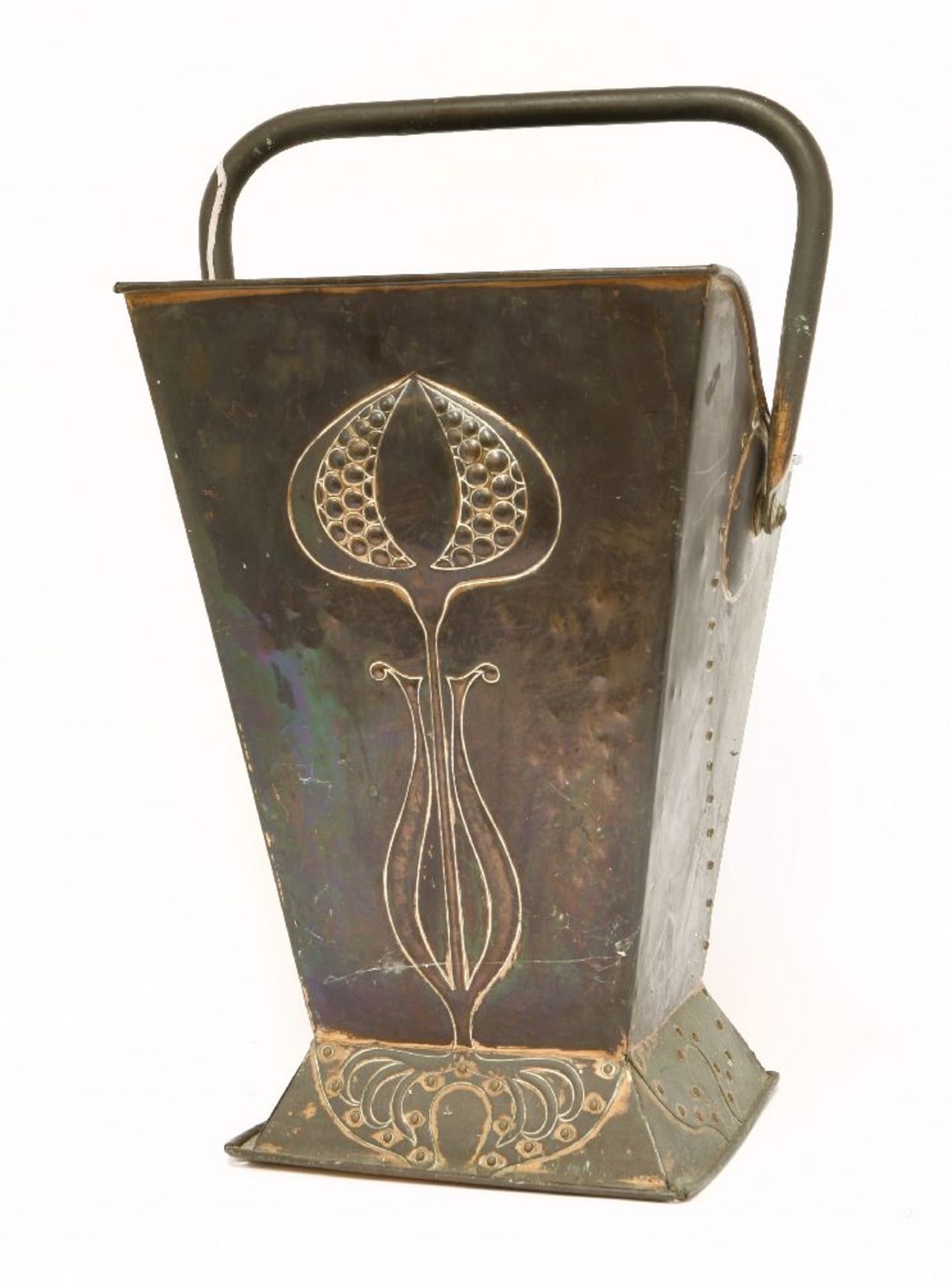 A copper coal scuttle, with riveted panels and embossed with a stylised pomegranate, with a swing - Image 2 of 3