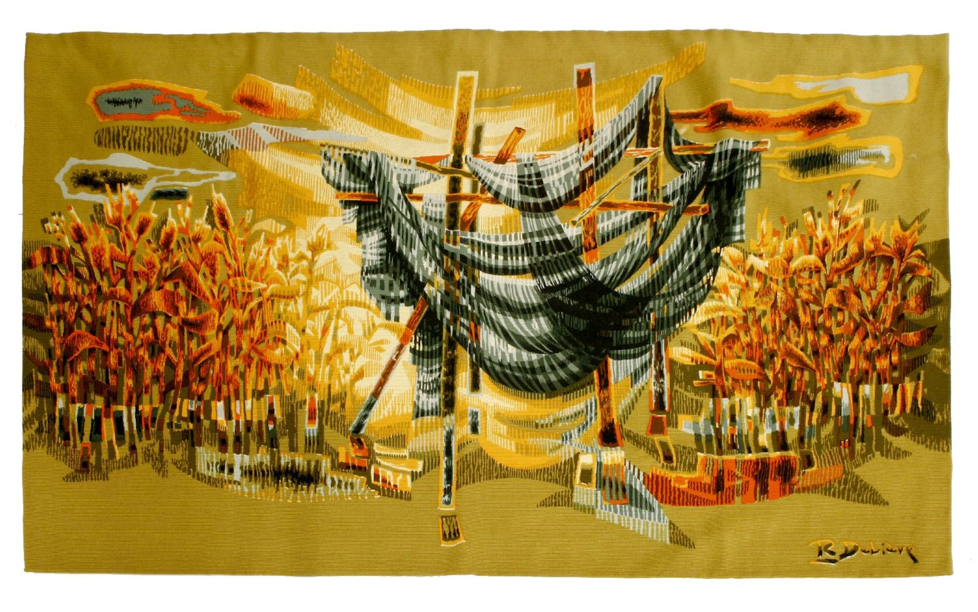 'Le Filet Aux Roseaux',a Robert Debiève tapestry panel, dated 1976, labelled and signed, numbered
