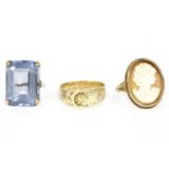 A 9ct gold single stone emerald cut blue synthetic spinel ring, 7.49g, a 9ct gold shell cameo ring