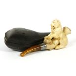 'Lioness with her prey', Victorian carved meerschaum pipe, in original case