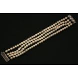 A four row uniform cultured pearl bracelet, with white gold clasp set with eight cut diamonds and