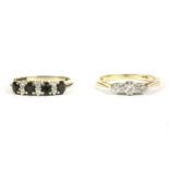 An 18ct gold three stone diamond ring, and an 18ct gold sapphire and cubic zirconia half eternity