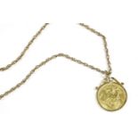 A 1904 sovereign in a 9ct gold mount on a Prince of Wales chain, marked 376,17.13g